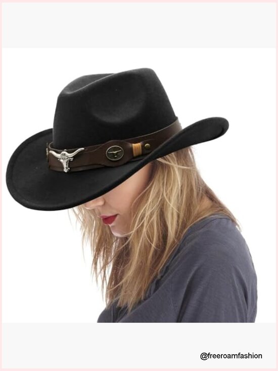 Classic Felt Cowboy Hat with Buckle Belt, Wide Brim Western Vintage Fedora main image 2